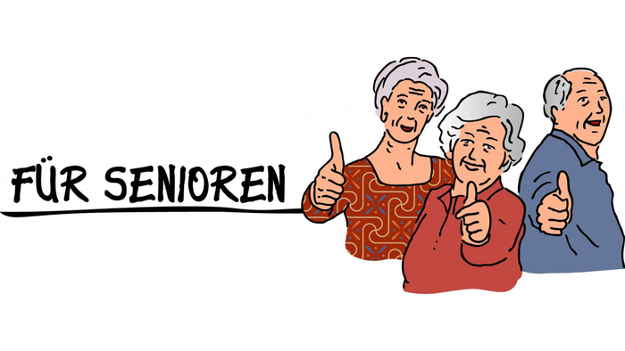Der Cartoon zeigt drei Senioren, die den Daumen hochhalten, mit dem Text „Für Senioren“.