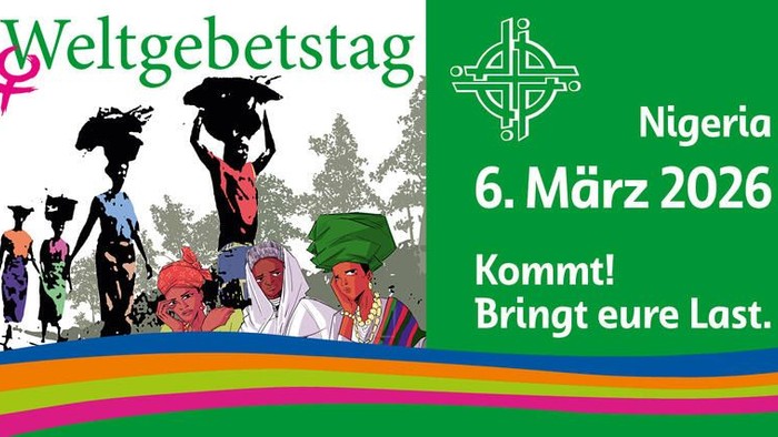 Weltgebetstag-Plakat für Nigeria am 6. März 2026, das zur Teilnahme mit kulturellen Illustrationen einlädt.