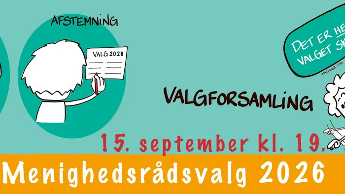 En tegneserie, der promoverer menighedsrådsvalg i 2026, med kandidater, debatter og afstemning den 15. september kl. 19.00.