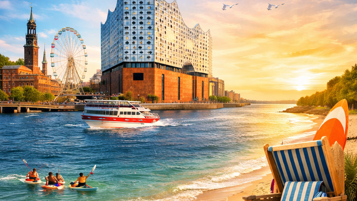 In der linken oberen Hälfte sind Sehenswürdigkeiten aus Hamburg zu sehen. In der rechten unteren Hälfte ein Strand mit Handtuch, Ball und Strandkorb.