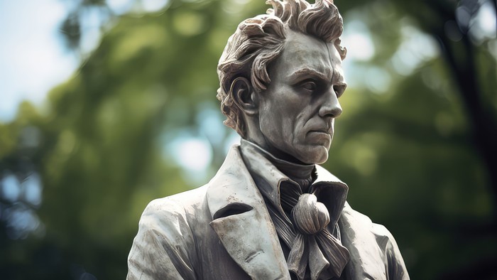 En detaljeret statue af en historisk person i en lang frakke med krøllet hår og overskæg.