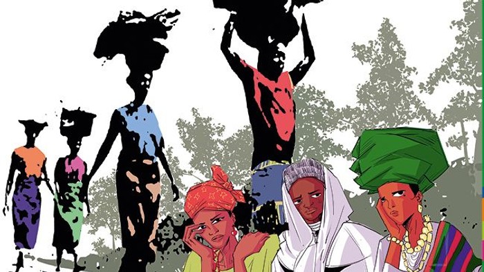 Graphic Darstellung: Frauen tragen Körbe auf dem Kopf.