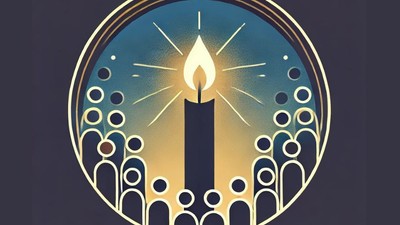 En lysende lyse med guldtonet flamme omgivet af en mørk blå cirkel med geometriske mønstre