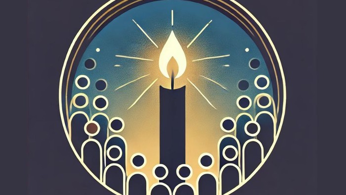 En lysende lyse med guldtonet flamme omgivet af en mørk blå cirkel med geometriske mønstre