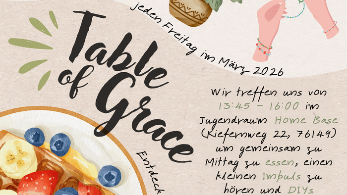 Einladungsplakat für eine Gemeinschaftsveranstaltung „Tisch der Gnade“ mit DIY-Essensaktivitäten an Märzabenden.