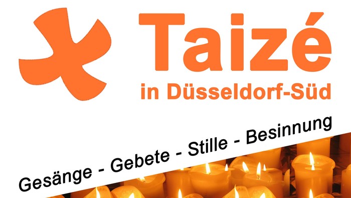 Flyer für eine Taizé-Andacht in Düsseldorf-Süd am 21.02.2025 in der St. Nikolaus-Kirche.