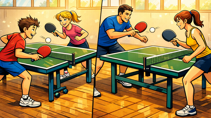 verschiedene Personen spielen gemeinsam Tischtennis.