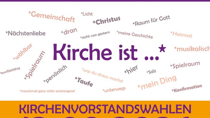 Plakat zur Förderung der Kirchenvorstandswahlen mit verschiedenen gemeindeorientierten Begriffen und dem Datum „13.09.2026“.