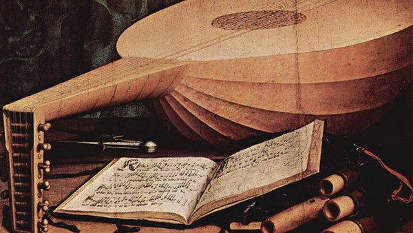 Gemäldeausschnitt: Laute und Notenbuch