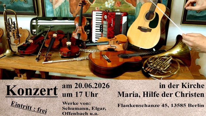 Plakat für ein Kirchenorchester-Konzert mit verschiedenen Instrumenten und Details zu einer kostenlosen Veranstaltung am 20. Juni 2026.