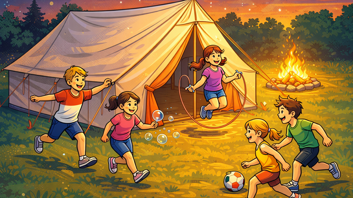 Spielende Kinder vor einem großen Zelt