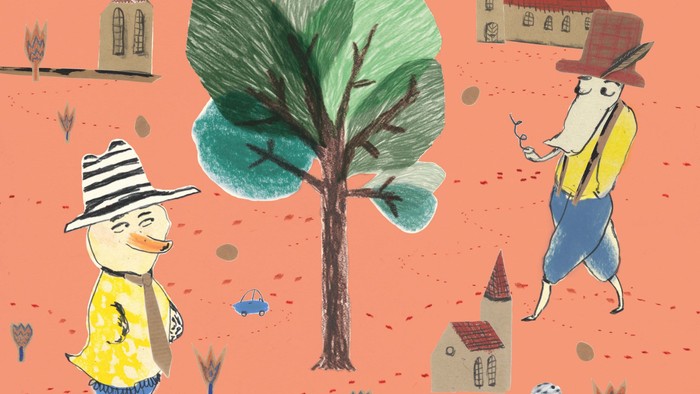 To dyr går på en rosafarget mark med træ og kirke i baggrunden