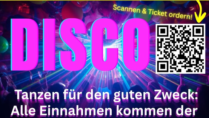 Plakat für eine 80. Geburtstags-Disco zugunsten der lokalen Gemeinschaft, am 17. April.