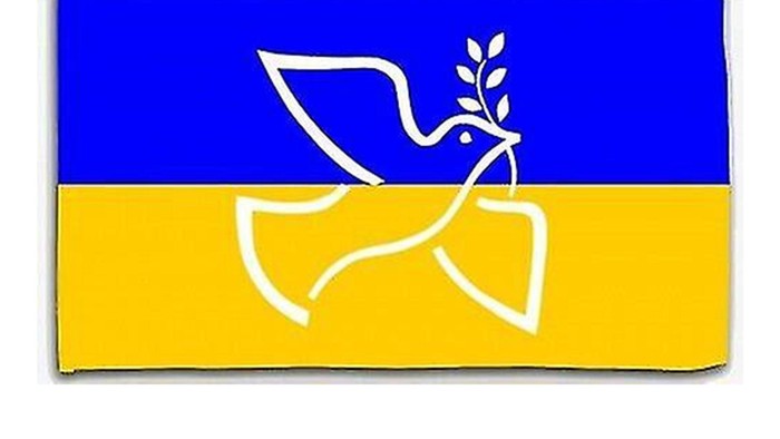 Das Bild zeigt eine Friedenstaube auf einem blauen und gelben Flaggenfeld.