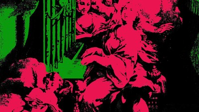 Bunte, abstrakte Darstellung von Menschen und Architektur in Pink und Grün