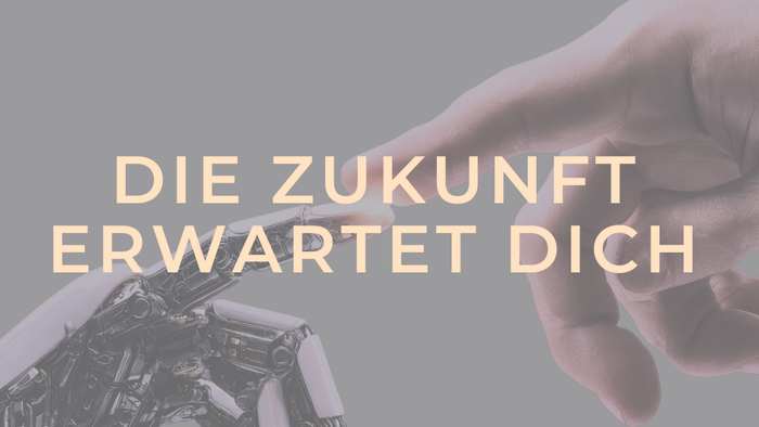 Plakat für die Fahrt ins Zukunftsmuseum. Roboterhand und Menschenhand berühren sich.