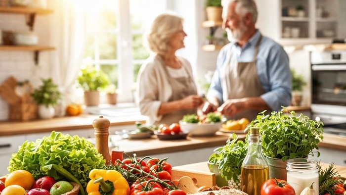 Ein älteres Paar bereitet gemeinsam frische Salatzutaten in einer hellen, modernen Küche zu.