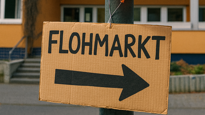 Ein Schild mit der Aufschrift „Flohmarkt“ und einem nach rechts zeigenden Pfeil, geschmückt mit bunten Luftballons vor einem Gebäude.