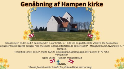 Meddelelse om genåbningsarrangement for Hampen Kirke med detaljer om dato, tidspunkt og musikalsk optræden.