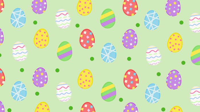 Billede af farvede påskeeg med mønstre på grøn baggrund