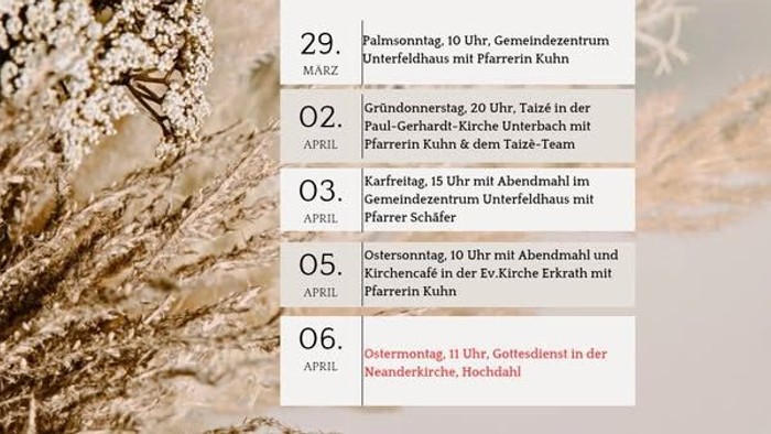 „Terminplan der Oster- und Passionssonntags-Gottesdienste mit Daten, Uhrzeiten, Orten und teilnehmendem Klerus.“