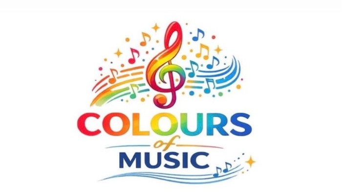 Lebendiges Logo, das Musik mit einem bunten Violinschlüssel, Noten und Regenbogen-Akzenten feiert, beschriftet mit „Colours of Music“.