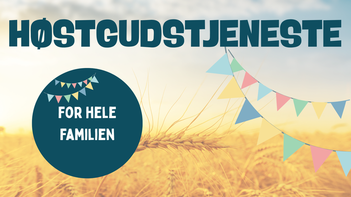En festlig efterårs-høstgudstjenesteinvitation til familier med farverige vimpler og et gyldent hvedemarken.