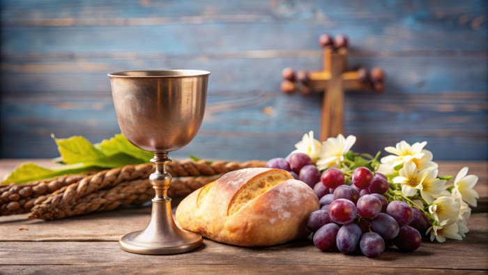 Ein Tisch mit Kelch, Brot, Trauben, Blumen und Kreuz im Hintergrund