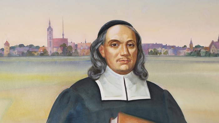 Porträt eines Geistlichen mit einem offenen Buch vor einer malerischen Stadtkulisse.