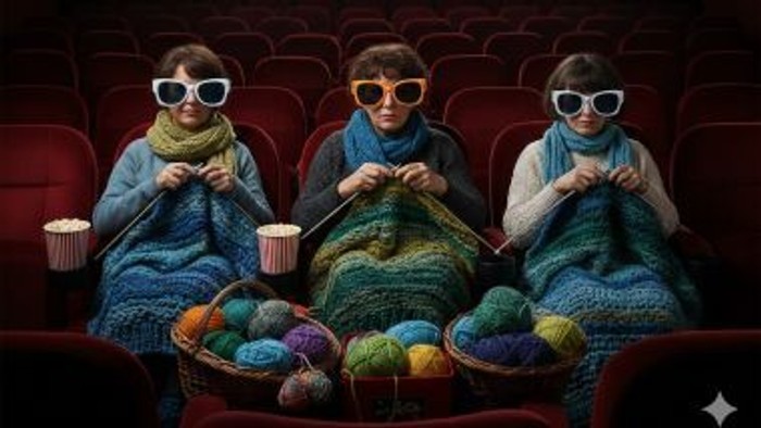 Drei Damen sitzen im Strickkino