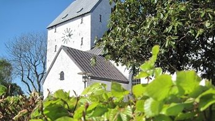 Et hvidt kirkebygning med klokketårn og grønne planter i forgrunden