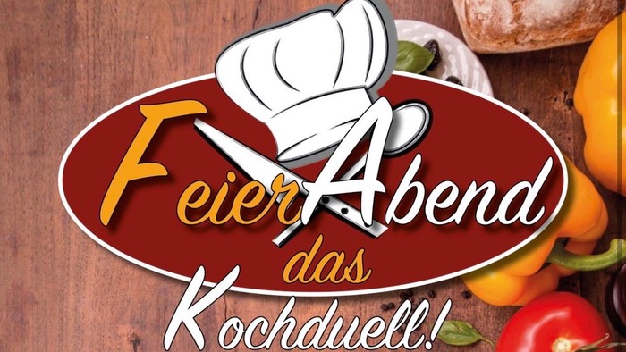 Plakat für einen festlichen Kochwettbewerb mit Kochmütze und frischem Gemüse, mit dem Text **