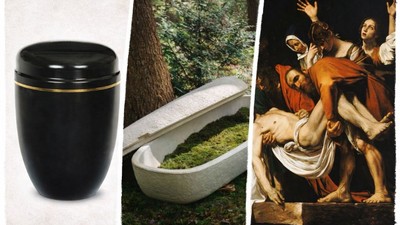 Collage aus einer modernen Urne, einem Außenbestattungsgewölbe und einem dramatischen Gemälde einer religiösen Bestattungsszene.