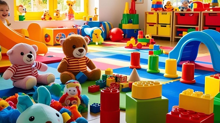 Et legetøjsrom med børn og mange farverfulde legetøjer.