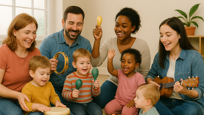 Eine fröhliche Familie spielt gemeinsam Musikinstrumente in einer gemütlichen Wohnatmosphäre.