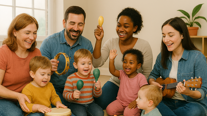 Eine fröhliche Familie spielt gemeinsam Musikinstrumente in einer gemütlichen Wohnatmosphäre.