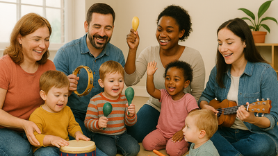 Eine fröhliche Familie spielt gemeinsam Musikinstrumente in einer gemütlichen Wohnatmosphäre.