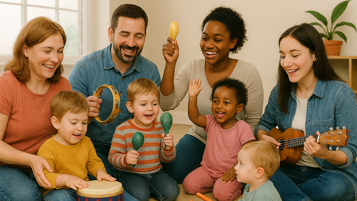 Eine fröhliche Familie spielt gemeinsam Musikinstrumente in einer gemütlichen Wohnatmosphäre.