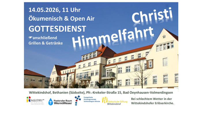Einladungsplakat für einen ökumenischen Freiluft-Gottesdienst zum Himmelfahrtstag mit Grillen und Getränken am 14. Mai 2026.
