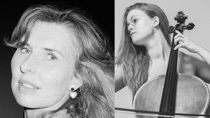 En kvinde med langt hår poser ved siden af en cello, fanget i et delt sort-hvidt portræt.