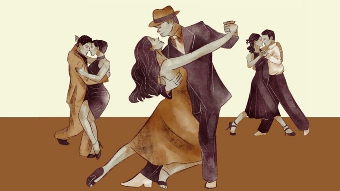 gemalte Tangotänzer. 3 Paare Farben in beige-braun.