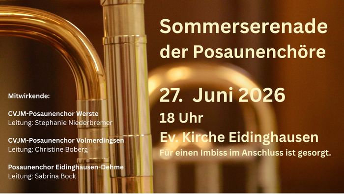 **Einladungsplakat zum Sommerkonzert des Blechbläserchors am 27. Juni 2026 in der Ev. Kirche Eidinghausen.**