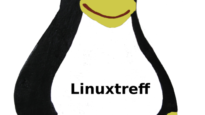 Ein Cartoon-Pinguin-Maskottchen mit einem Lächeln, beschriftet mit „Linuxtreff“, das Linux-Community-Veranstaltungen repräsentiert.
