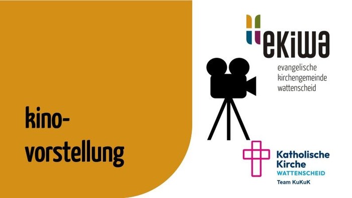 EKIWA-Logo gelb weiß. Kinovorstellung. Mit Logos der Evangelischen Kirchengemeinde Wattenscheid und der katholischen Kirche Wattenscheid.
