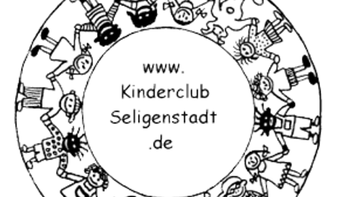 Schwarz-weißes Logo mit verschiedenen Cartoon-Kindern um einen kreisförmigen Rand und der Website „Kinderclub Seligenstadt“.