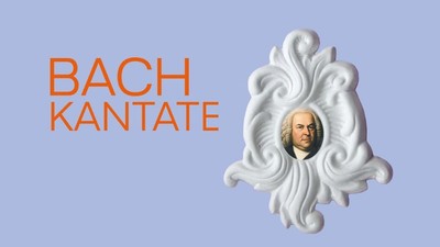 Schrift „Bach Kantate“ neben verziertem Rahmen mit Porträt von Johann Sebastian Bach