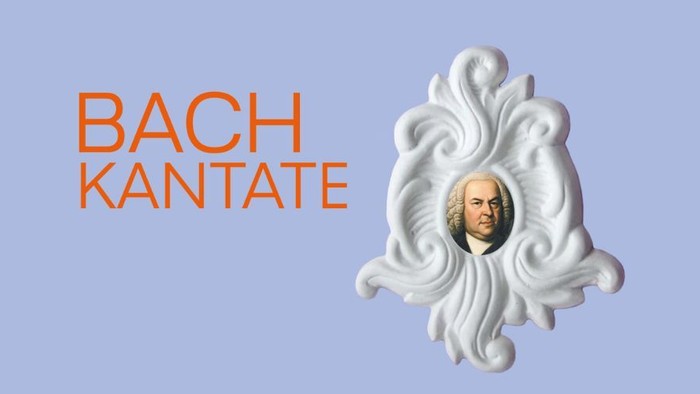 Schrift „Bach Kantate“ neben verziertem Rahmen mit Porträt von Johann Sebastian Bach