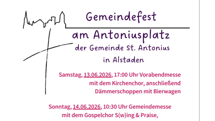 Gemeindefestankündigung für St. Antonius in Alstaden mit Gottesdiensten und Bierwagen-Veranstaltungen am 13.–14. Juni 2026.