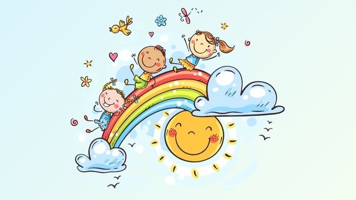 Grafik mit 3 Kindern, die auf einem Regenbogen sitzen, darunter die lachende Sonne