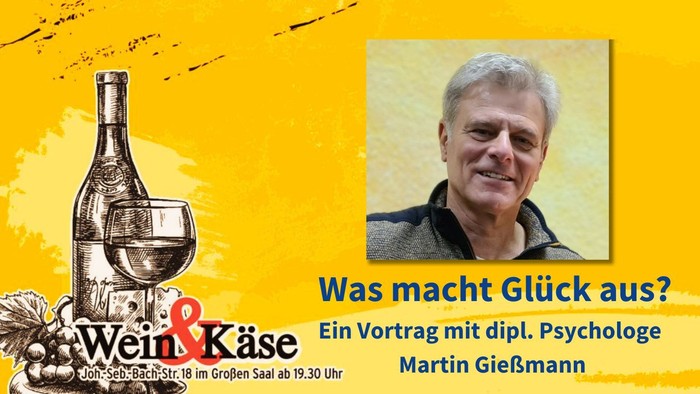 Portrait von Dipl. Psychologe Martin Gießmann auf gelben Hintergrund und Wein und Käse Logo